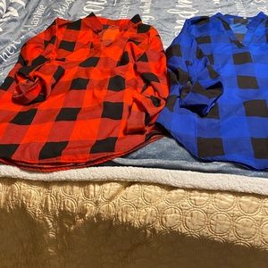 Two shirts lumber jack prints a red and a blue one size L